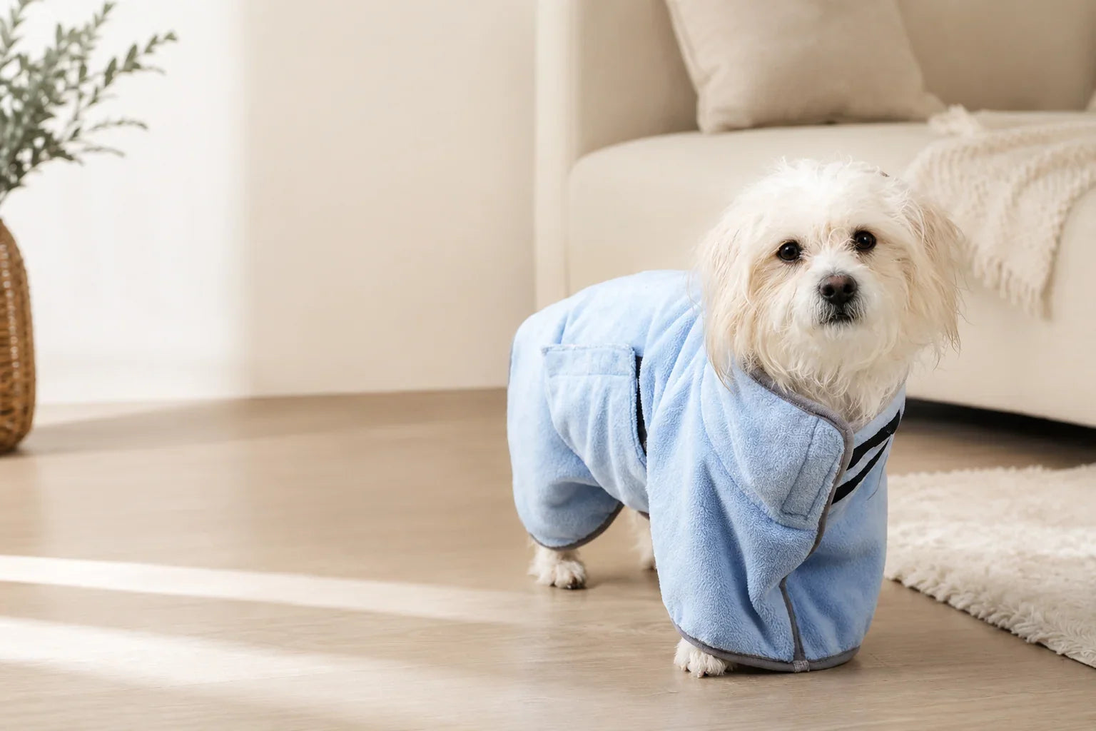 Small wet dog wearing a sky-blue Zoomie Robe at home