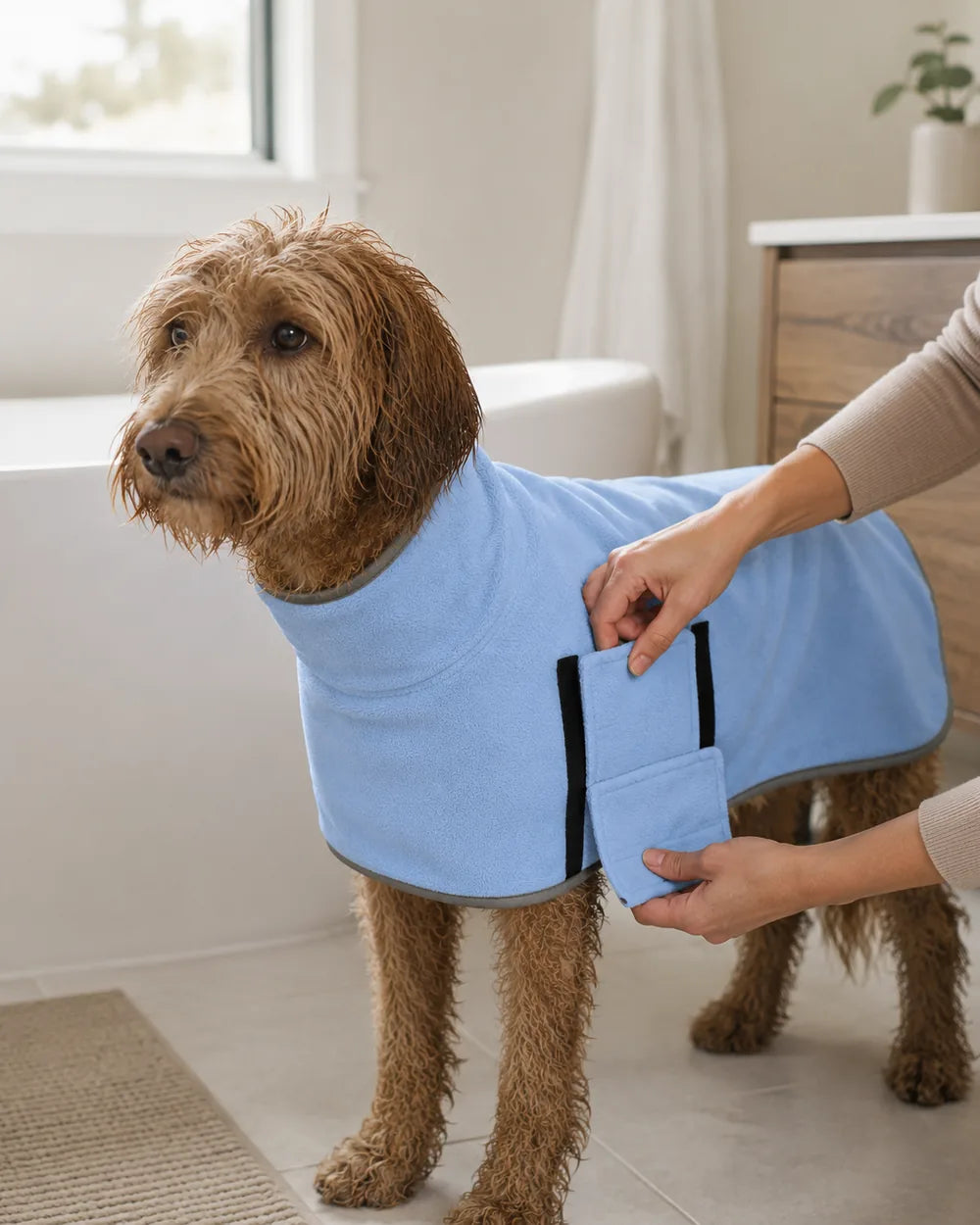 Owner fastening the adjustable closure of a light blue Zoomie Robe on a wet doodle beside the bath