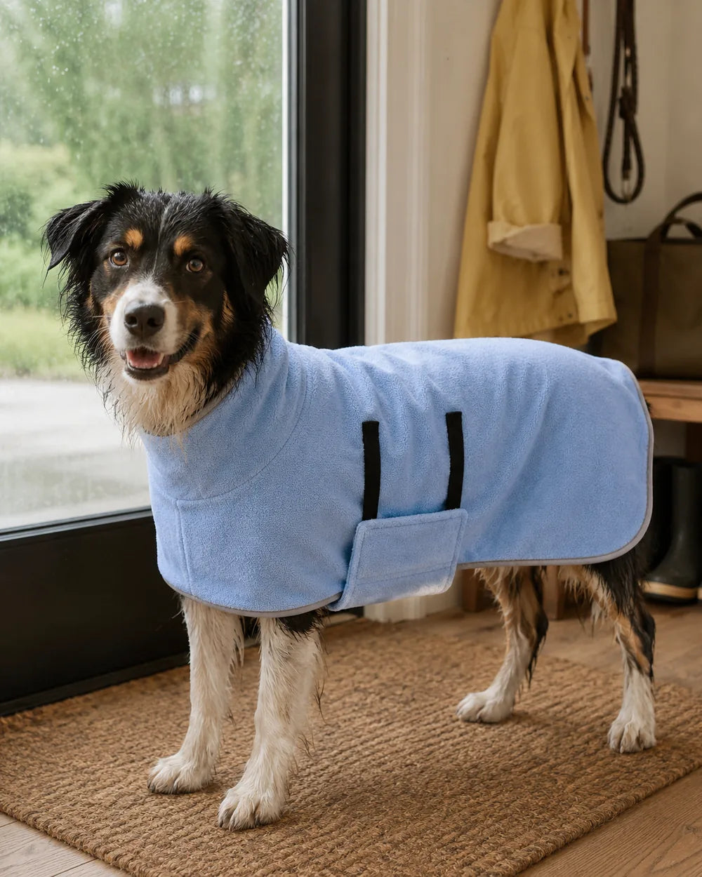 Wet collie on a doormat wearing a light blue Zoomie Robe after a rainy walk