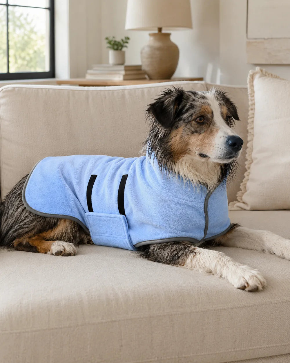 Damp collie resting on a cream sofa wearing a light blue Zoomie Robe